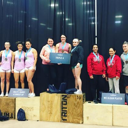 Pictured are the women’s Intermediate Division winners of this weekend’s second-annual Granite Games Throwndown hosted at the Coliseum by CrossFit Snyder. Pictured (l-r) are, in second place, Snyder’s “Salty, Sassy, Sweet” team of Kendall Riggan, Lindzey Larrea and Tiffany Ulm; in first place, Snyder’s “Triple A” team of Ashley Rios, Andrea Martini and Ashlea Riggan; and, in third place, Odessa’s “We Clean Plates” team of Kira Patino, Sylvia Fell and Zulema Uribe.