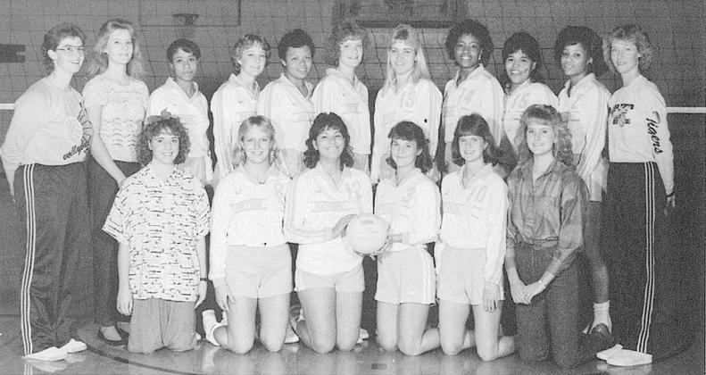 Members of the Snyder High School 1985 state champion volleyball team are (front row, l-r) manager Stephanie Blair, Stacy Dunk, Pam Casias, Tommy Williamson, Leslie Ward and manager Joan Godair, (second row, l-r) coach Vicki Nelms, manager Janice Godair, Sharnette Thompson, Kima McLarty, Donna Clay, Allison Adams, Shondra Robinson, Donna Anderson, Hope Hernandez, Karlene Thompson and coach Patty Grimmett.