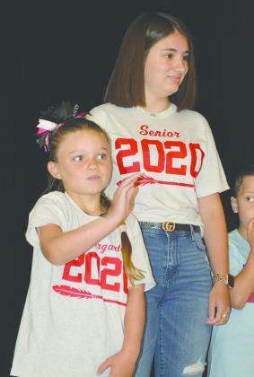 Following a long-standing tradition, Hermleigh ISD seniors introduced the kindergarten students during the first-day assembly this morning. Jacklyn Clinkenbeard (right) and Reagan Childs wore class of 2020 shirts during the assembly.