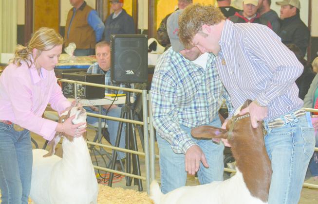 SDN Photo/Ben Barkley Judge Riley Barnett (center), Roby ISD’s ag science teacher, talked to Ira ISD’s Karson Valentine (right) about his goat during the district’s chapter stock show on Saturday. Also pictured is Haylee Gruben. Both Valentine and Gruben will be among the 114 exhibitors at this week’s Scurry County Junior Livestock Association at The Coliseum.