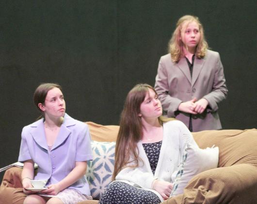 Pictured (l-r), Ira High School’s Molly Jamison, Jessica Heiskell, and Kandice Clark rehearsed their roles in Nasty Things, Murders by Arthur Lovegrove. Ira and Hermleigh high schools competing in the district UIL one-act play meet in Westbrook today.  Hermleigh’s production is Ruby’s Story by Ron Osbourne. 