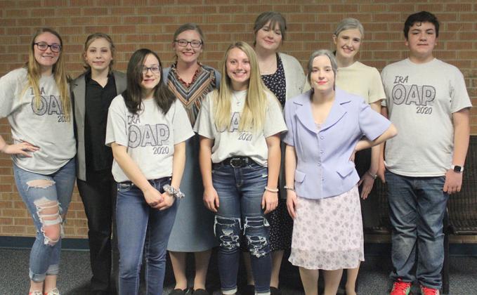 Pictured are the cast and crew of Ira’s one-act play production. On the front row (l-r) are Charlotte Highfield, Kylie Miller and Molly Jamison. On the back row are Sydney Mathis, Kandice Clark, Breauna Hall, Jessica Heiskell, Anzlee Hale and Rykin McCown.