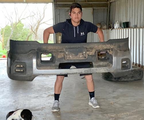 nyder junior Jax Collier used a car bumper to perform a dead lift at his family’s home in Snyder. Refusing to let the quarantine stop him from staying in shape, Collier created an at-home gym using bags of shavings, tires and spare car pieces.