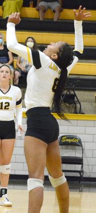 Snyder senior Kaylee Davis leaped for a kill during the Lady Tigers’ loss to Wall Friday. Snyder dropped both matches of the double-header and are 1-2 to start the season.