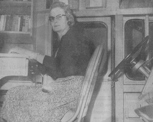 Scurry County Library bookmobile operator Mrs. Harry Lee swiveled her chair from the steering wheel to the desk when making stops throughout the county in the 1950s.