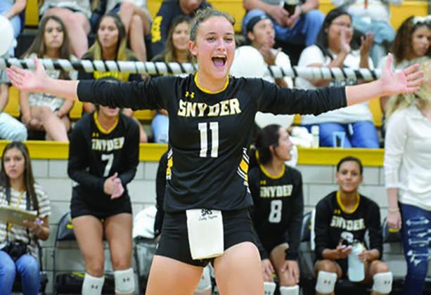 Snyder senior Natalee James celebrated a point during the Lady Tigers’ win over Big Spring this past season. James leads the way in The Snyder News All-Decade series volleyball team as she lettered all four years and was twice named all-state.