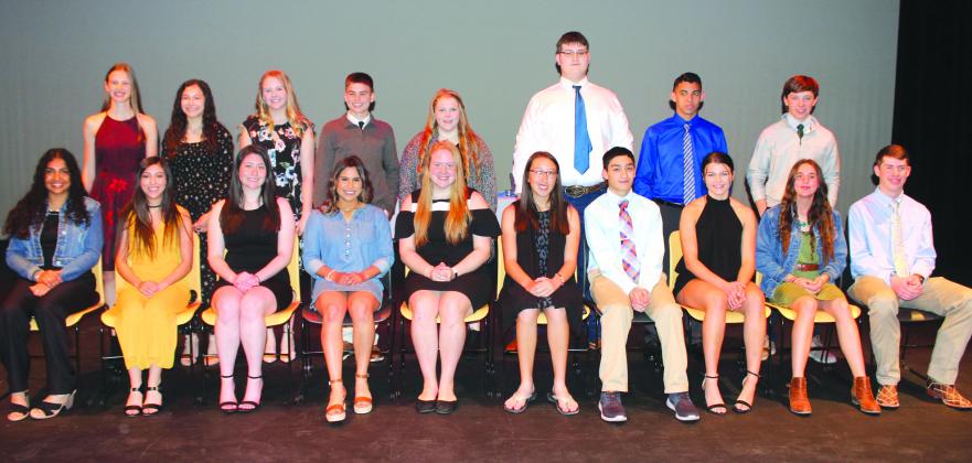 Shown are the NHS sophomore inductees, front row (l-r), Zairah Cabrera, Katie DeLoera, Alexia Estrada, Caira Galvan, Baylee Green, Danielle Greer, Maverick Hernandez, Sidni Hunter, Brandy Jones and Grayson Keele. On the back row are Mary Kerr, Taryn Nobles, Avery Schiffner, Hunter Stewart, Amilee Thomas, Travis Thompson, Jeremiah Valenzuela and Jaden West. Joanie Burns was not present Sunday and will be inducted at a later date.