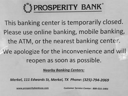 This sign was on the front door of Snyder’s Prosperity Bank Monday, announcing the branch was temporarily closed. An employee at the bank’s Merkel branch, who asked to remain anonymous, said the closing was due to a positive COVID-19 test and that the building had been deep-cleaned. According to the bank’s website, it will reopen on Friday at 9 a.m.