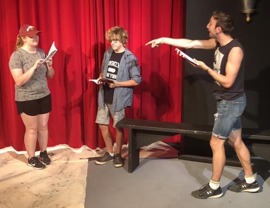 From left, Caitlyn Crane, Will Haley and Logan Tabor rehearse a scene from the Ritz Theatre’s upcoming production of Leading Ladies. 