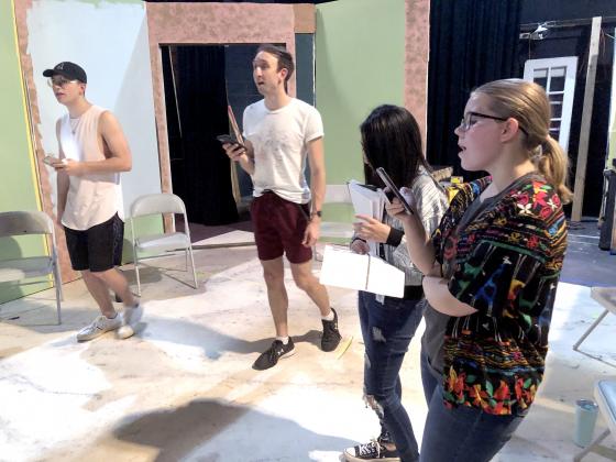 From left, Brody Jasso, Logan Tabor, Madalyn Hernandez and Shelby Powell practice a scene from Godspell.