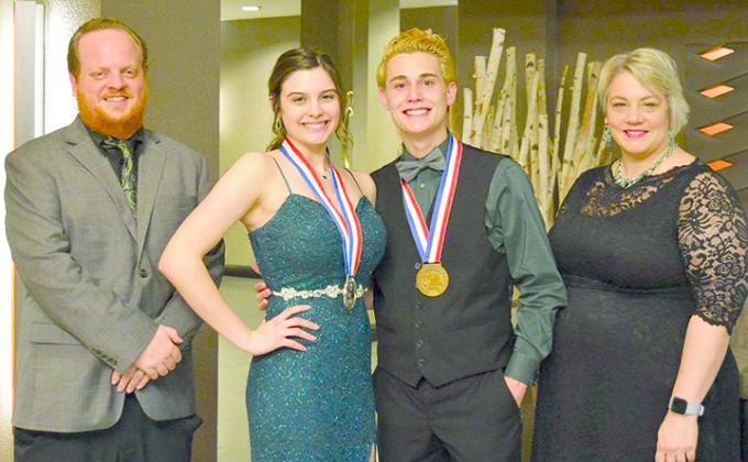 Whitney Tubbs (second from left) was named to the Class 4A all-star cast during Tuesday’s state one-act play contest. Brett Brunson (second from right) was named to the honorable mention all-star cast. Also pictured are director Clark Reed (left) and assistant director Brenda Tubbs.