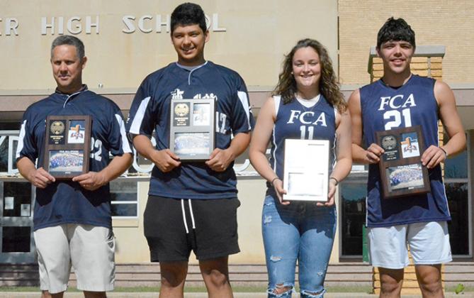 Snyder head baseball coach Shane Stewart (left) and 2020 Snyder graduates (l-r) Ryan Rodriguez, Natalee James and Jayden Samaniego were presented their jerseys and plaques by the Fellowship of Christian Athletes Tuesday. Stewart and the seven Scurry County athletes were all selected to participate in the FCA All-Star Festival, but the event was cancelled due to the COVID-19 pandemic.