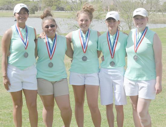 The Snyder JV golf team of (l-r) Brailynn Garcia, Abby Alvarado, Jordyn Stewart, Kalysa Burleson and Caitlyn Crane finished second at the District 5-4A golf tournament and qualified for the regional tournament.
