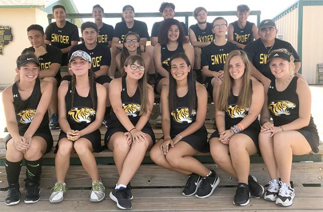 Seven members of the 2019 Snyder tennis team earned all-district honors Wednesday. Members of the Snyder varsity tennis team pictured on the front row are (l-r) Morgan Chapman, Brandy Jones, Emilie Hodge,  Kynzie  Avalos,  Makenah  Short  and  Avery  Schiffner.  On  the  middle  row  are  Andrew  McGraw,  Chris  Moreno,  Desire Malmsten, Abigail Reyes, Shad Hodge and Neftali James. On the back row are Brence Jasso, John Hernandez, Eli McClain, Collin Guynes, Dylan Nobles and Colby Decker. Not pictured are C