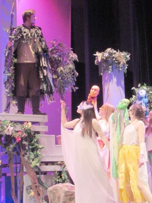 Pictured (l-r) are Brence Jasso, Whitney Tubbs, Baylee Green and Karsen Grope at a dress rehearsal for Snyder High School’s one-act play, The Tempest.