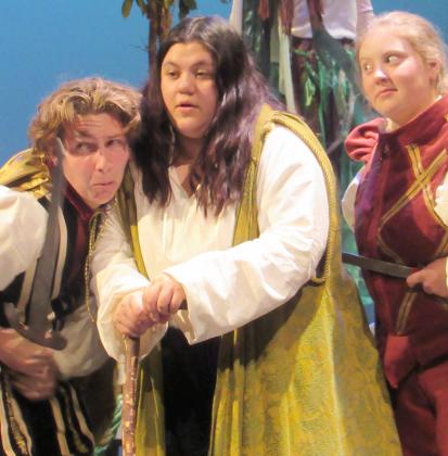 Pictured (l-r), Snyder High School’s Collin Mitten, Aurora Savedra and Caitlyn Crane rehearsed the roles of Alonso, Gonzalo and Sebastian in the SHS Drama production of The Tempest.