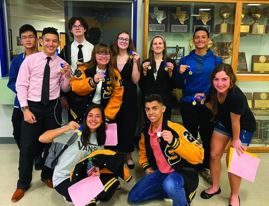 Snyder High School Band members recently brought home first division awards from the Solo and Ensemble Contest in Abilene. Pictured on the front row are (l-r) Kynzie Avalos, Jeremiah Valenzuela and Carolyn Stelluti. On the back row are (l-r) Kevin Nguyen, Ricky Luna Jr., Corey Thomas, Emilie Hodge, Gillian Crist, Evelyn Kerr and John Hernandez.
