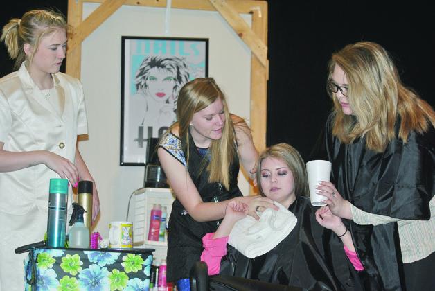 Ira High School students (l-r) Jordan Mathis, Alyssa Goodwin, Sage Waltz and Sarah Spradlin rehearse the first scene of Steel Magnolias. Ira will stage the play during the University Interscholastic League district competition at Borden County High School on March 6.