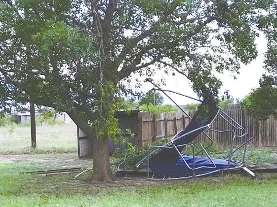 A trampoline on Pleasant Hill Road was destroyed after it flew into a tree due to the high winds this morning.