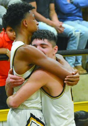 Snyder seniors Teafale Lenard (left) and Jayden Samaniego embraced after the Tigers’ clinched a share of the district title this past season. Both Lenard and Samaniego were first team selections in The Snyder News All-Decade series.