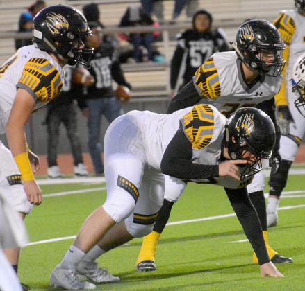 Snyder’s Talon Lee (l-r), Nathan Beaver and Bryce Ford wait for thr snap during Snyder’s 21-8 win over Lamesa on Nov. 1. The Tigers are preparing for a crucial game against the Pecos Eagles at Tiger Stadium, with kickoff set for 7 p.m. Friday.