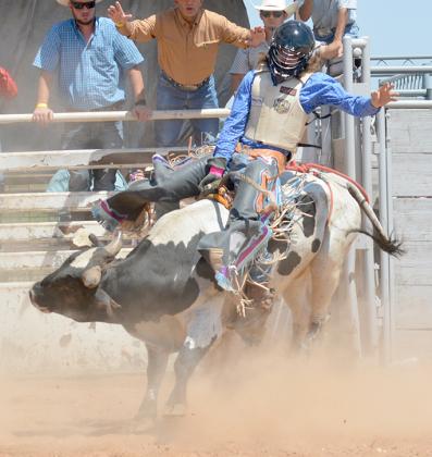 Rohde Riojas of Odessa held on tight as the bull kicked. The TCJBR will hold three more rodeos in Snyder, with the next one being August 22.
