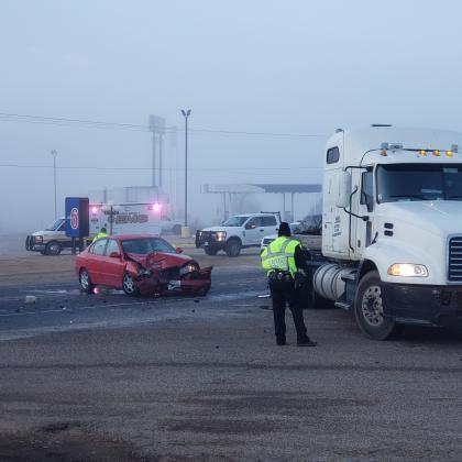 Scurry County first responders directed traffic after an accident between a car and a tractor-trailer at 7:35 a.m. near Rip Griffin Travel Center. Scurry County EMS transported one person to Cogdell Memorial Hospital for injuries sustained in the wreck.