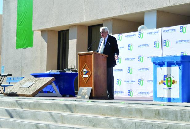 Former WTC President Dr. Don Newbury speaks at the college’s 50th Anniversary observance ceremony, held in the school courtyard Monday.