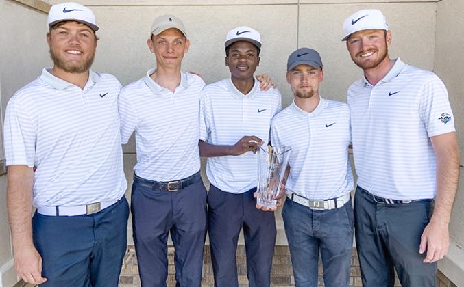 Members of the WTC men’s golf team pictured with the Lubbock Christian Classic trophy are (l-r) Ryan Hedges, Clement Cattaue, Tafadzwa Nyamukondiwa, Callum Tibbs and Jake Leatherwood.