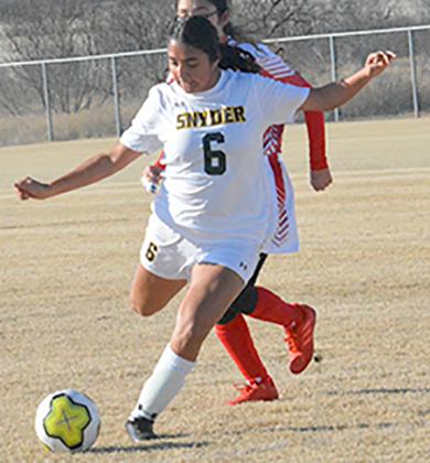 Snyder sophomore Zairah Cabrera prepared to take a shot during an 11-0 win over Sweetwater earlier this season. Cabrera was named the District 4-4A co-Offensive MVP.